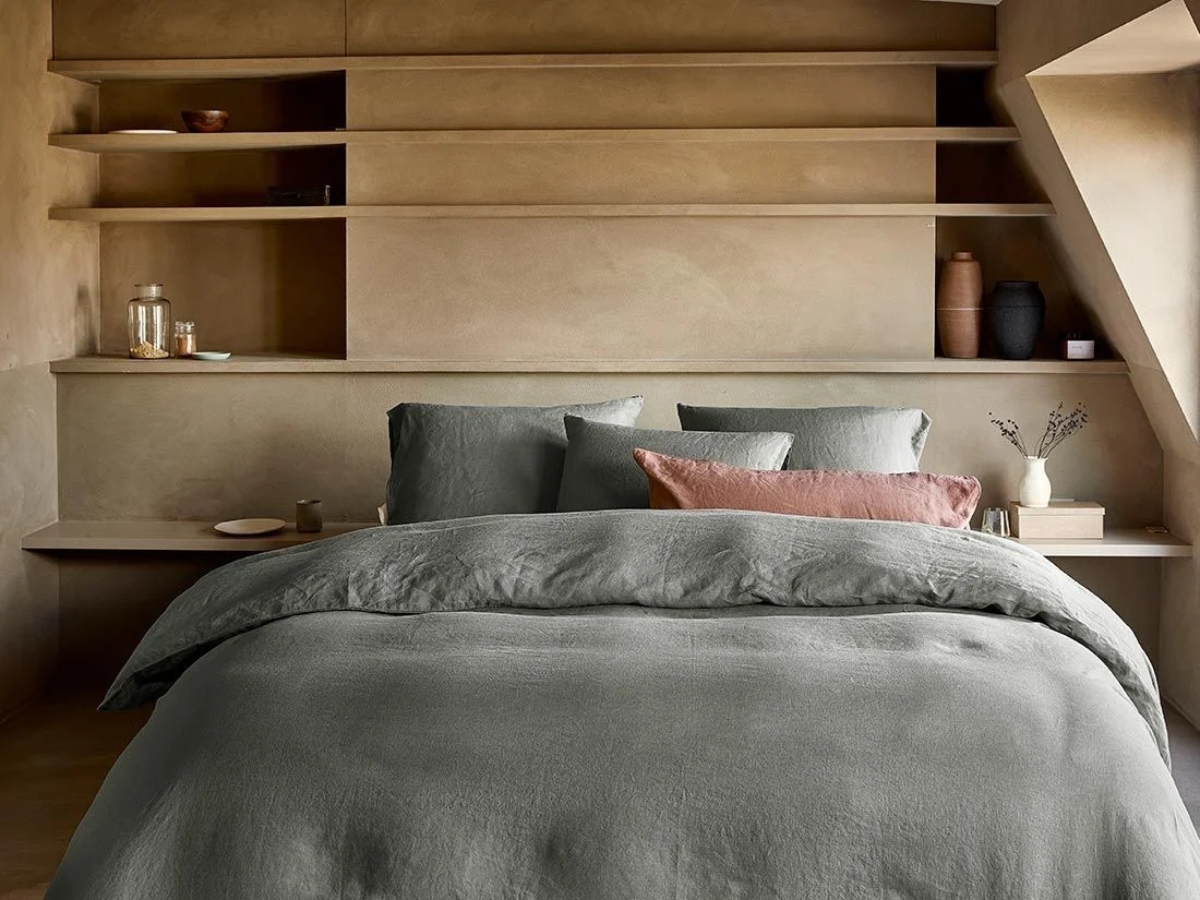 Dekbedovertrek gewassen linnen stone green