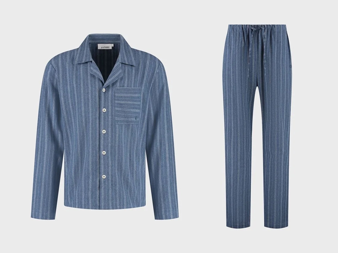 Pyjamaset heren flanel denim blue/white stripe